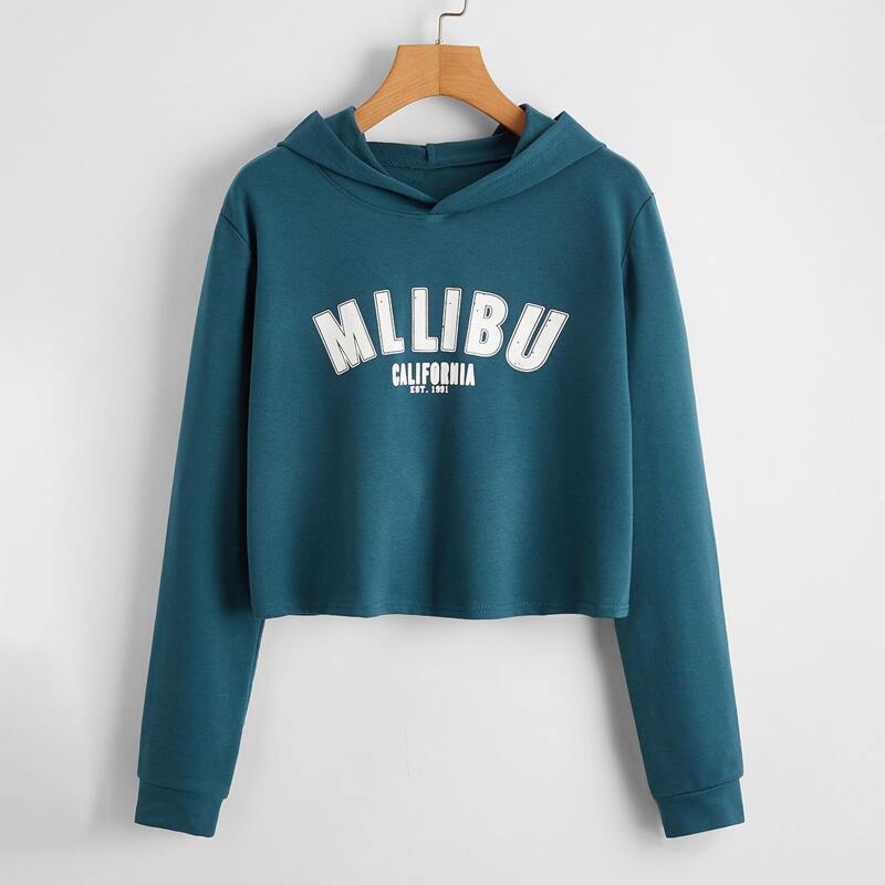 

Letter Graphic Crop Hoodie, Teal blue