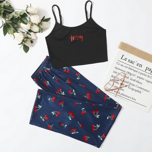 

Letter And Cherry Print Cami Pajama Set, Multicolor