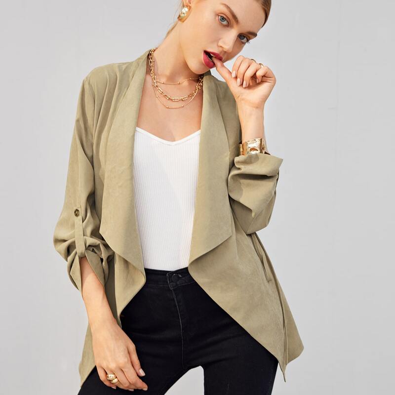

Drawstring Waist Solid Coat, Khaki