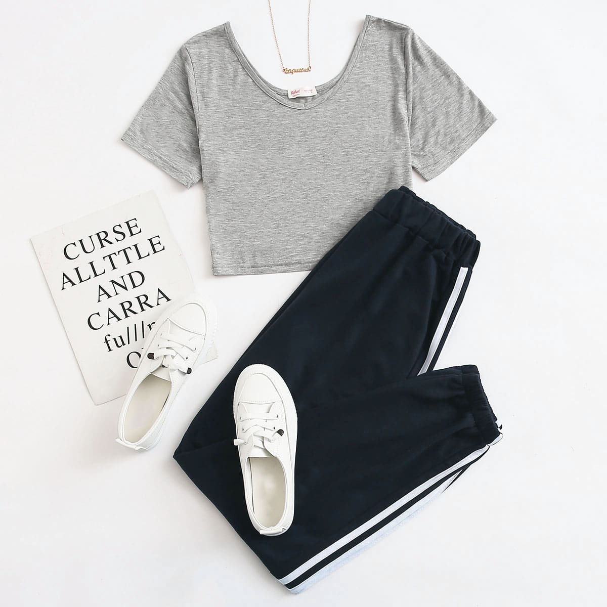 

Solid Tee & Striped Side Sweatpants, Multicolor