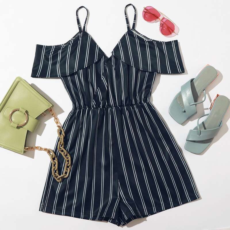 

Striped Cold Shoulder Romper, Black