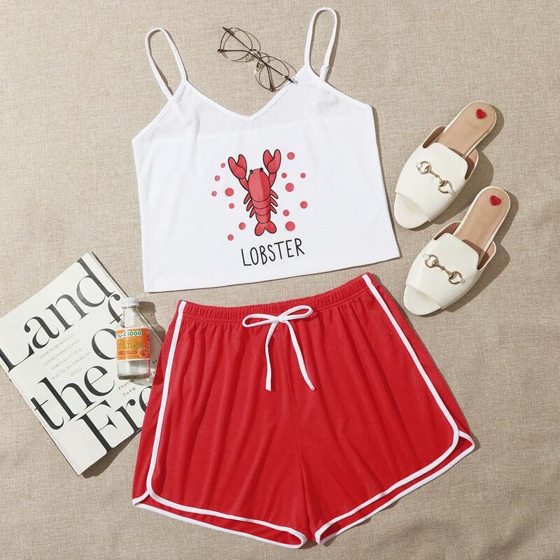 

Lobster Print Cami & Dolphin Shorts PJ Set, Red and white