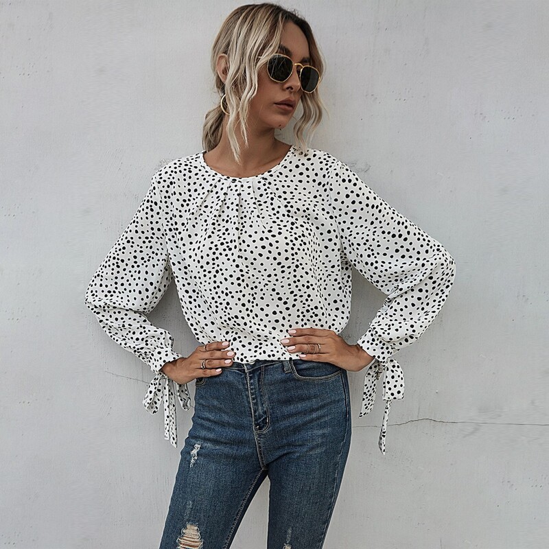 

Tie Cuff Allover Print Blouse, White