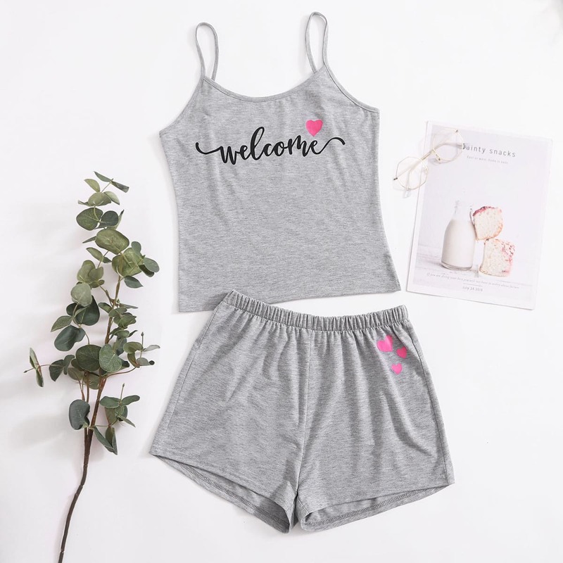 

Letter & Heart Print Shorts PJ Set, Grey