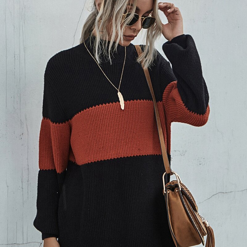 

Contrast Panel Stand Collar Sweater, Black