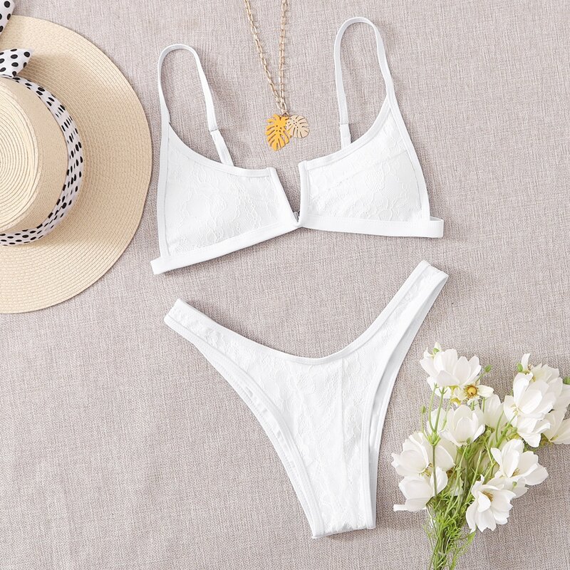

Floral Lace V Wired High Cut Bikini Swimsuit, White