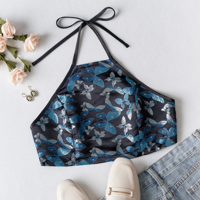 

Butterfly Graphic Tie Back Crop Halter Top, Multicolor