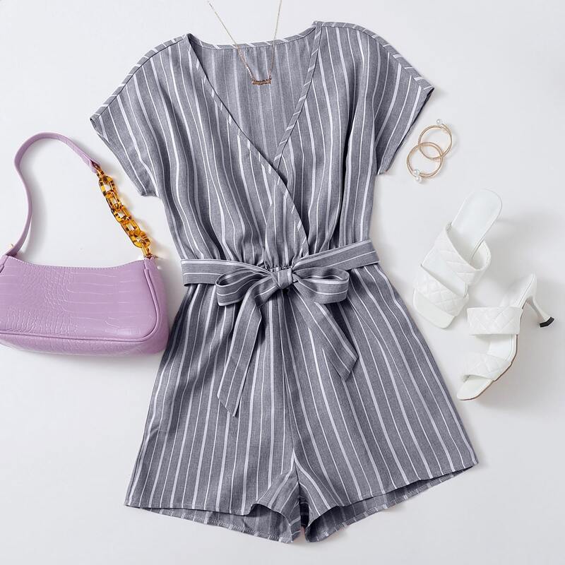 

Striped Belted Wrap Romper, Grey