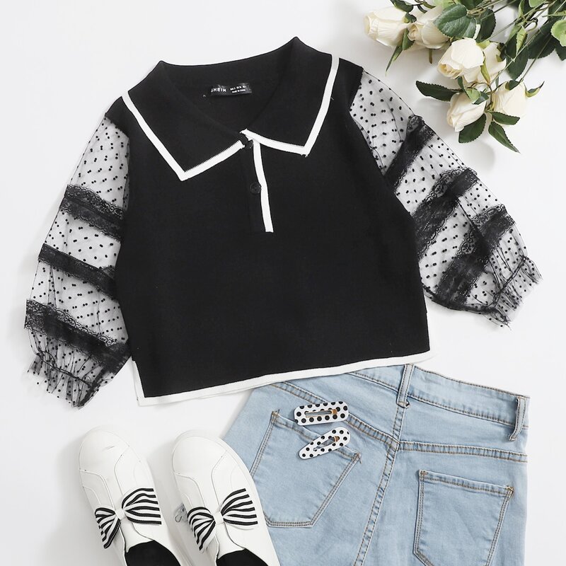 

Button Half Placket Dobby Mesh Sleeve Sweater, Black