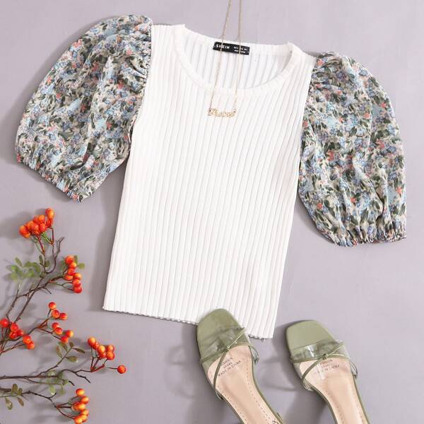 

Floral Puff Sleeve Rib-knit Crop Top, Multicolor