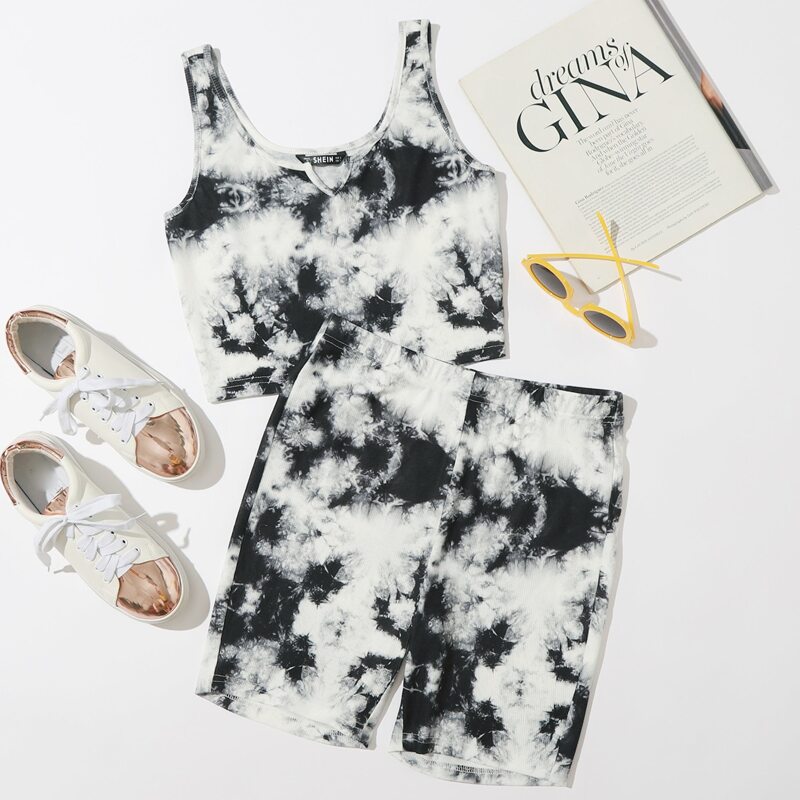 

Tie Dye Rib-knit Tank Top & Biker Shorts Set, Black and white