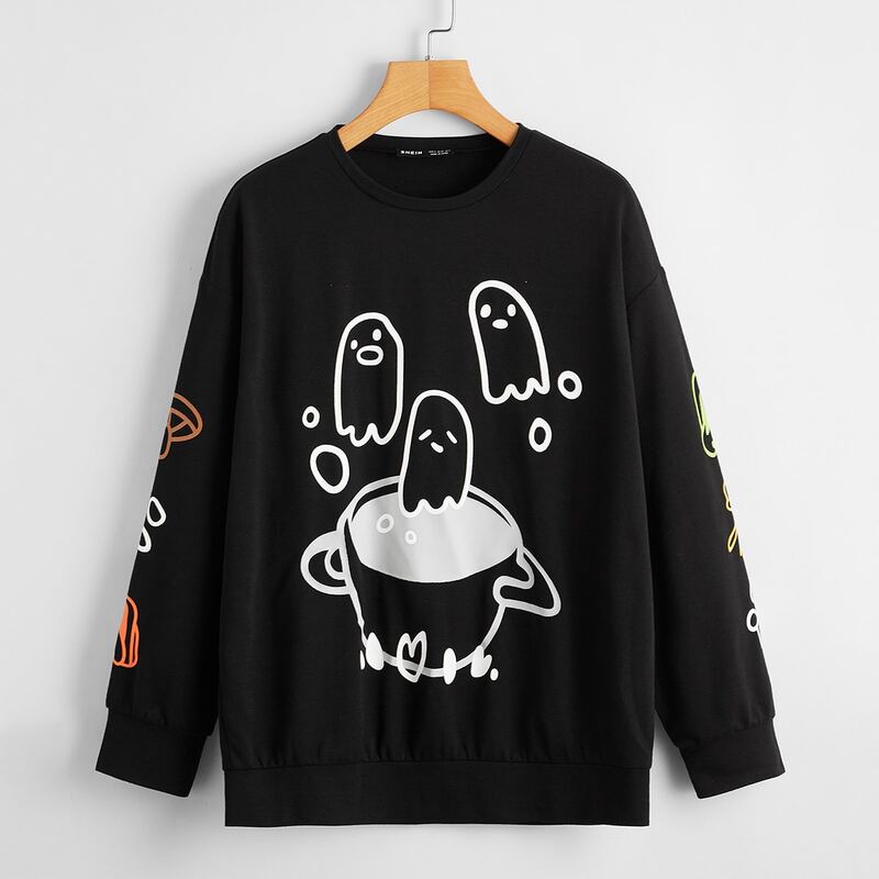 

Cartoon Graphic Drop Shoulder Oversized Sweatshirt, Black