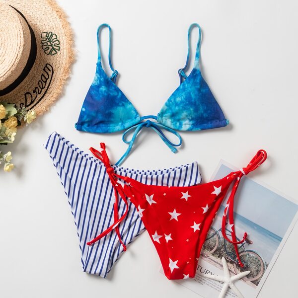 

3pack American Flag & Tie Dye Bikini Swimsuit, Multicolor