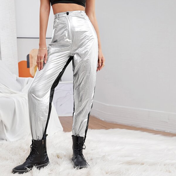 

Two Tone Metallic Pants Without Belt, Multicolor