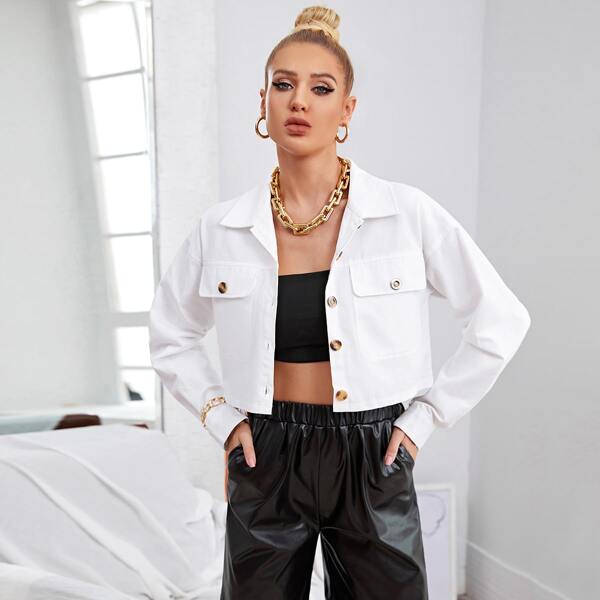 

Flap Pocket Button Front Crop Top, White