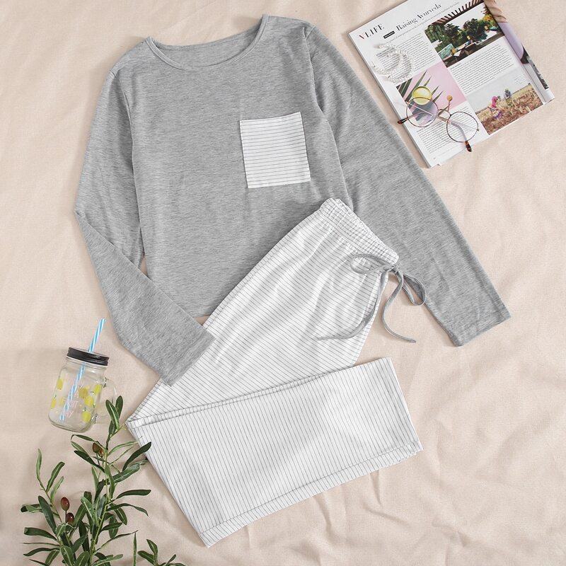 

Pocket Front Tee & Striped Pants PJ Set, Multicolor