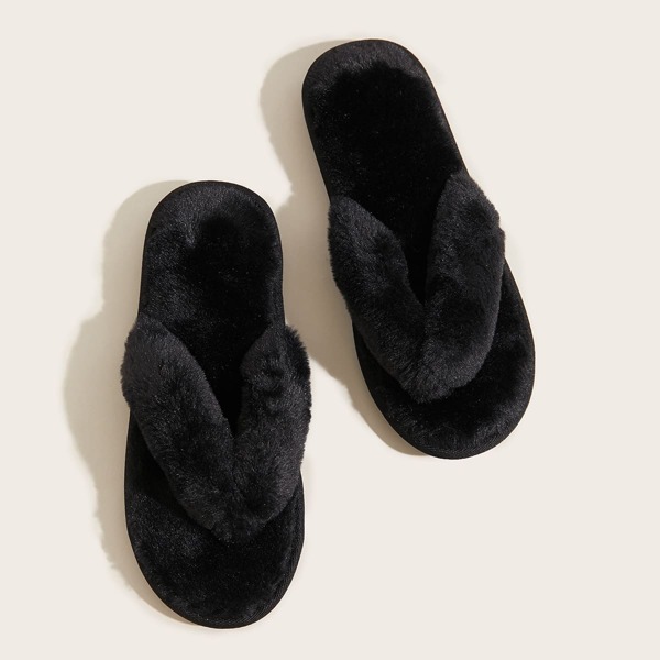 

Toe Post Fluffy Slippers, Black