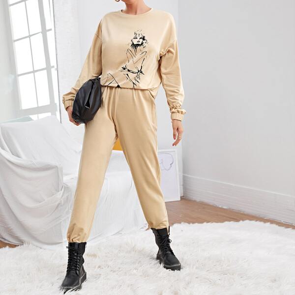 

Drop Shoulder Figure Graphic Top & Sweatpants Set, Apricot
