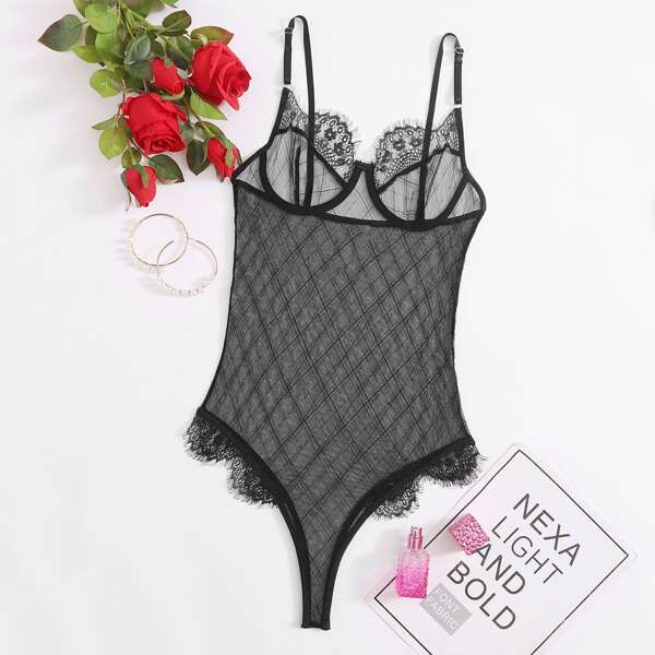 

Lace Trim Underwire Teddy Bodysuit, Black