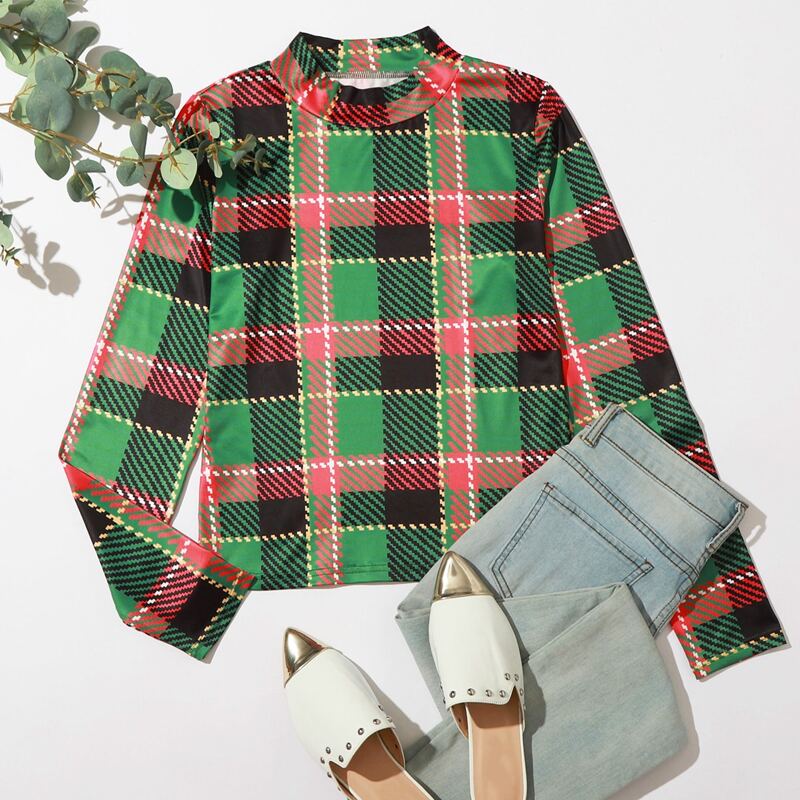 

Mock Neck Plaid Tee, Multicolor