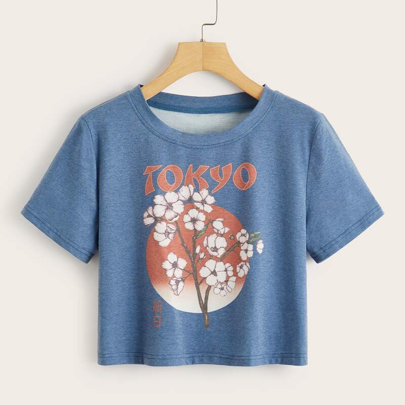 

Cherry Blossoms Graphic Crop Tee, Dusty blue