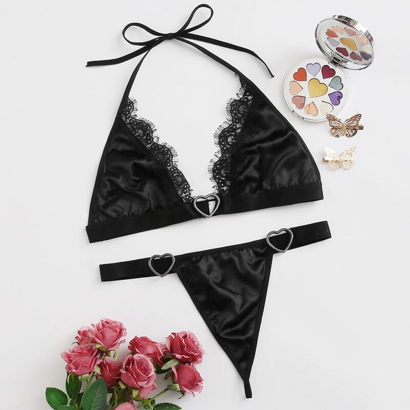 

Heart Ring Satin Lingerie Set, Black