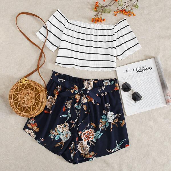 

Plus Lettuce Trim Rib-knit Striped Top & Floral Shorts Set, Multicolor