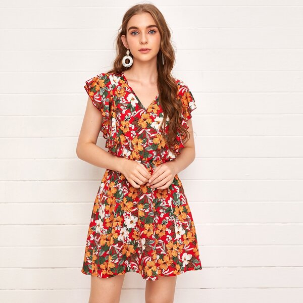 

Tied Open Back Ruffle Armhole Floral Dress, Multicolor
