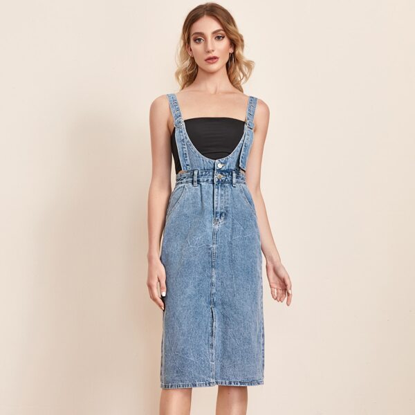 

Buckle Straps Slit Hem Denim Overall Dress, Medium wash
