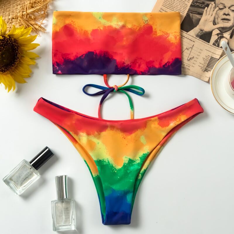 

Tie Dye Lace-up Bandeau Bikini Swimsuit, Multicolor