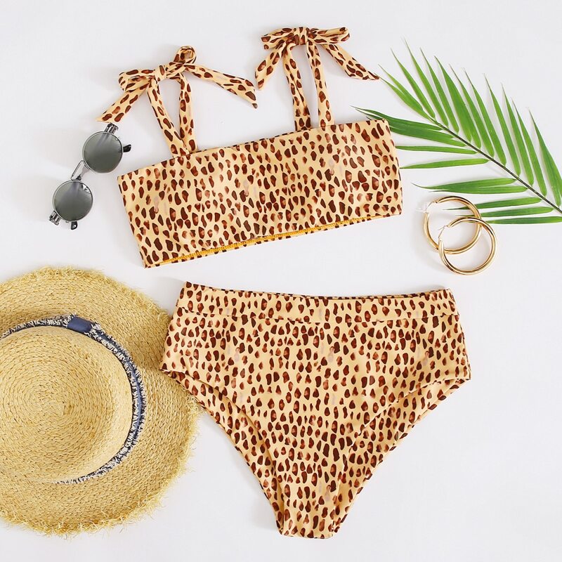 

Allover Print Tie Shoulder Bikini Swimsuit, Mustard yellow