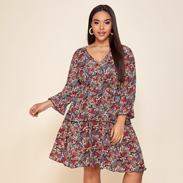 

Plus Ditsy Floral Flounce Sleeve Ruffle Trim Dress, Multicolor