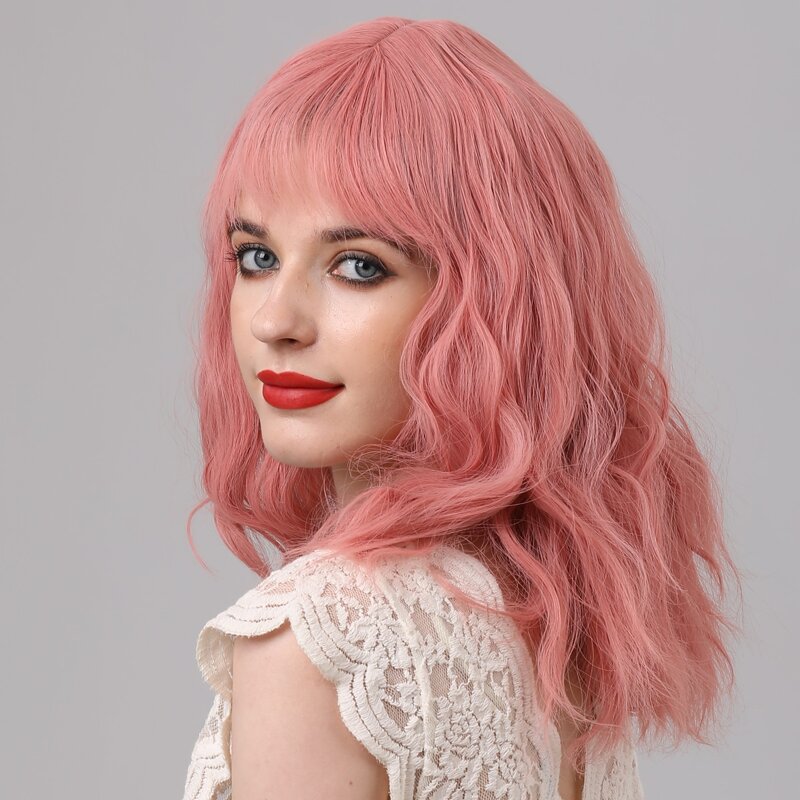 

1pc Medium Long Curly Hair Wig With Bangs, Pink