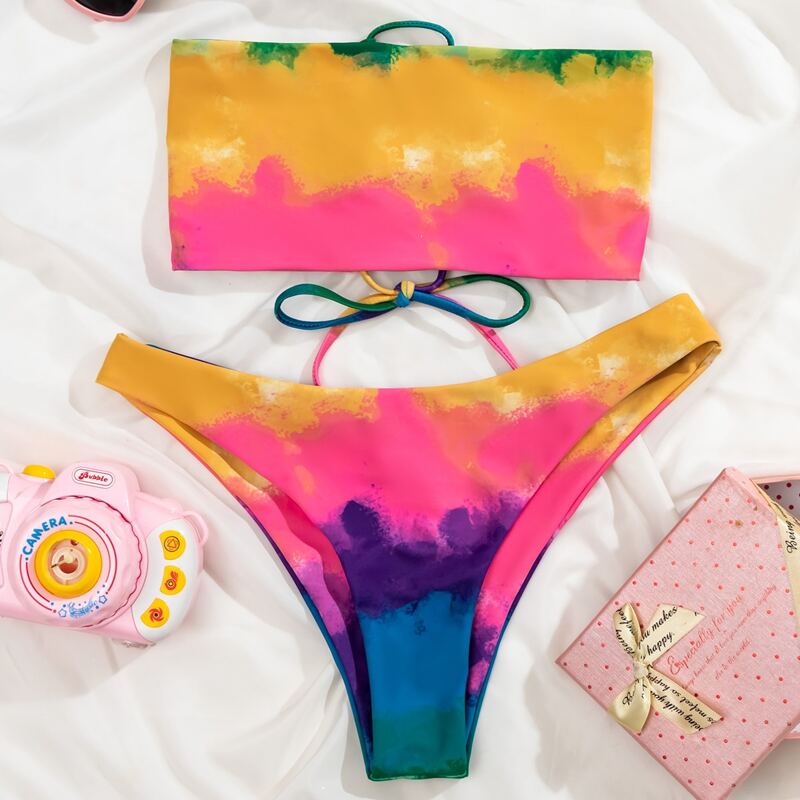

Tie Dye Lace-up Bandeau Bikini Swimsuit, Multicolor