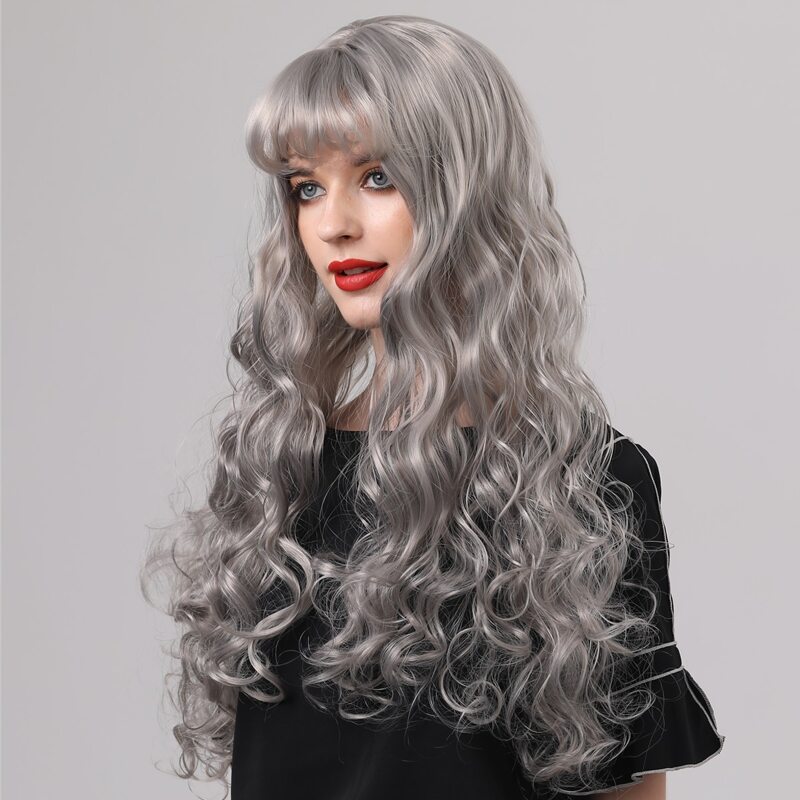 

1pc Long Curly Hair Wig With Bangs, Grey