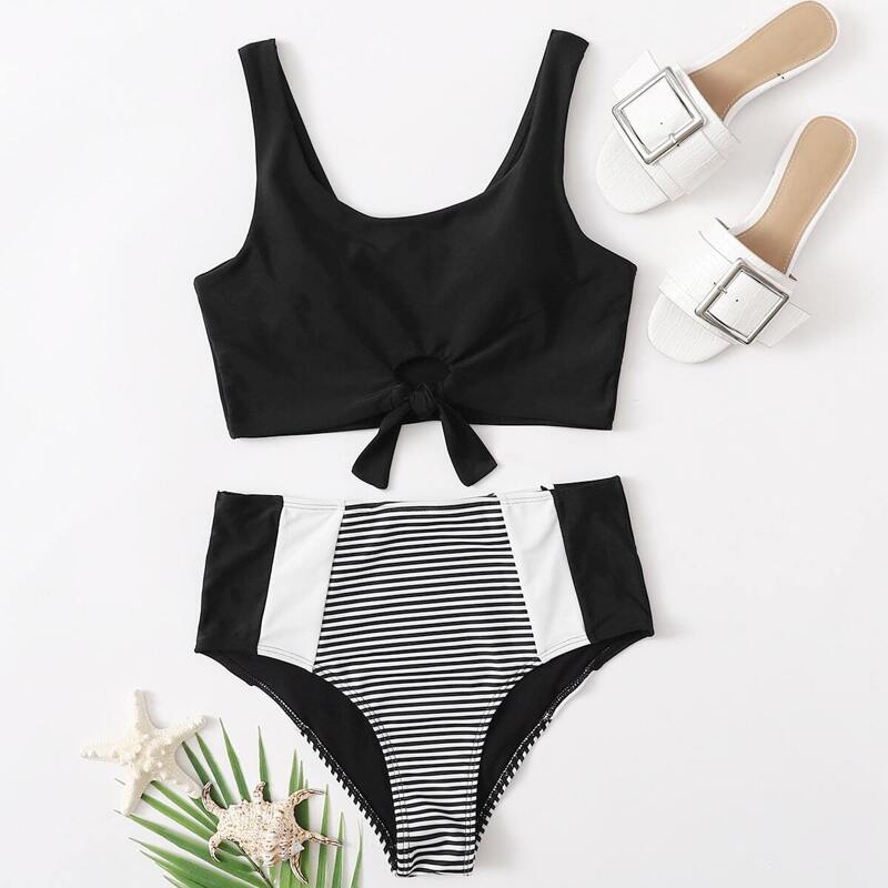 

Striped Knot Hem High Waisted Bikini Swimsuit, Black and white