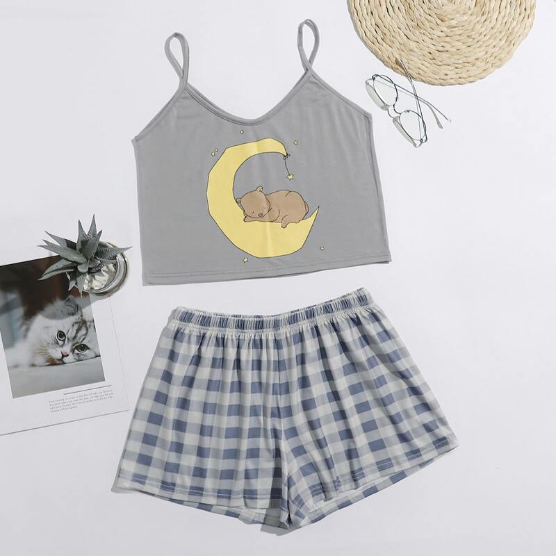 

Cartoon Cami & Gingham Shorts PJ Set, Multicolor