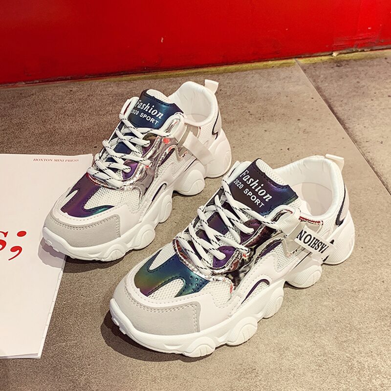 

Holographic Lace-up Chunky Sneakers, White