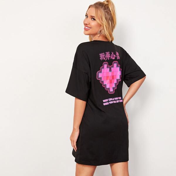 

Drop Shoulder Plaid Heart & Slogan Graphic Tee Dress, Black