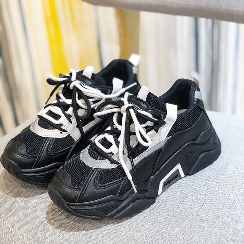 

Double Strap Lace-up Chunky Sneakers, Black and white