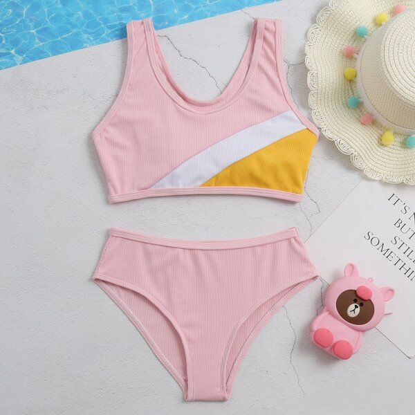 

Girls Rib Color Block Bikini Swimsuit, Baby pink