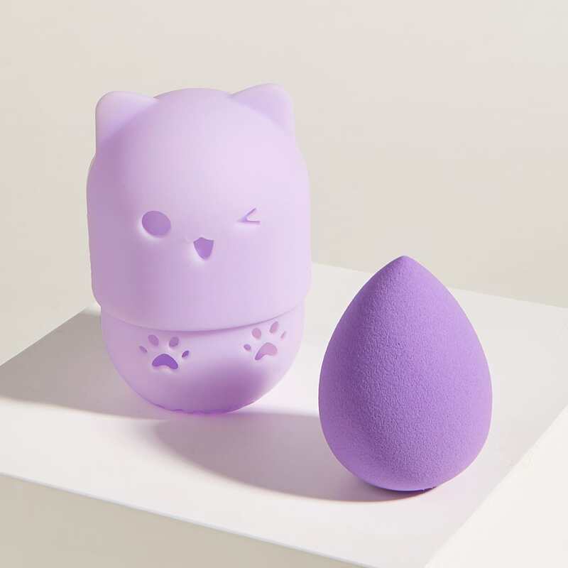 

1pc Water-drop Makeup Sponge With 1pc Storage Box, Purple