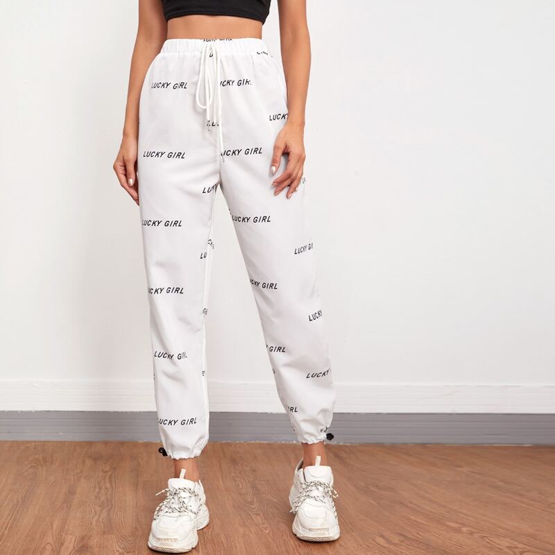 

Drawstring Waist Letter Graphic Pants, White