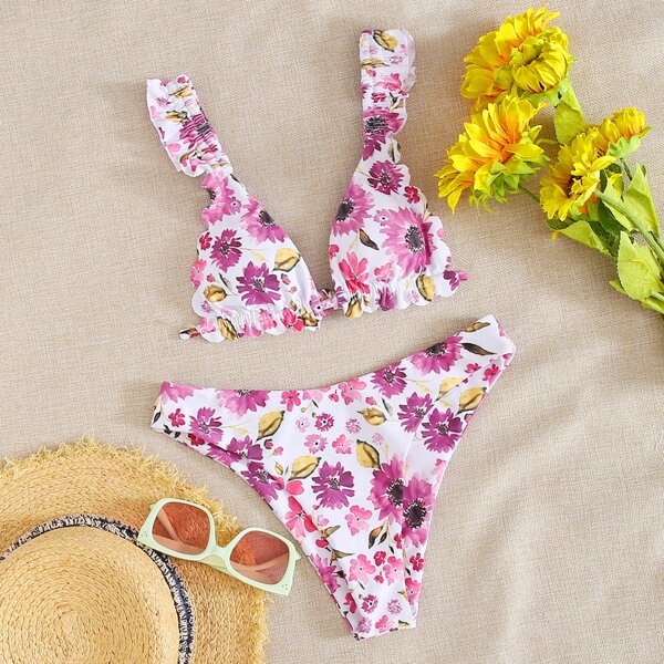 

Floral Scallop Trim Triangle Bikini Swimsuit, Multicolor