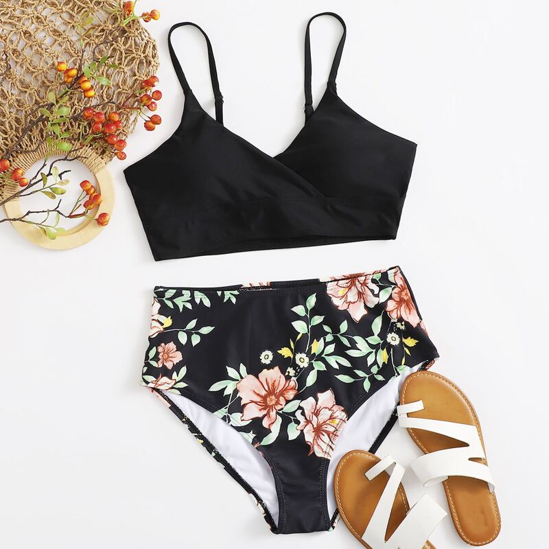 

Floral High Waisted Bikini Swimsuit, Black