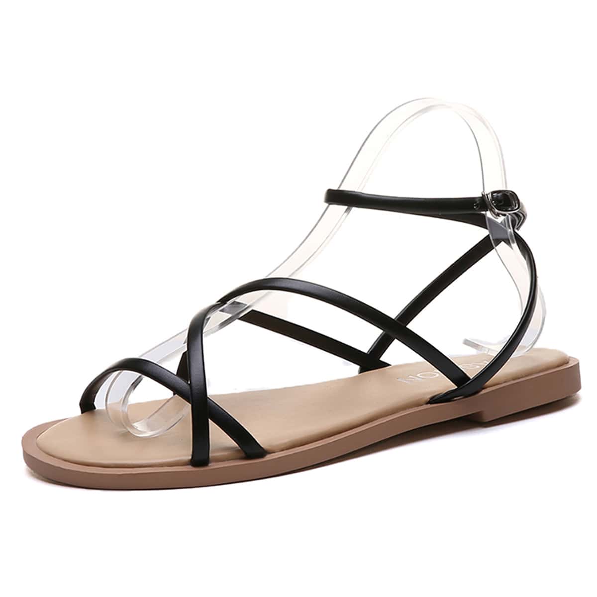 

Ankle Strap Flat Sandals, Black