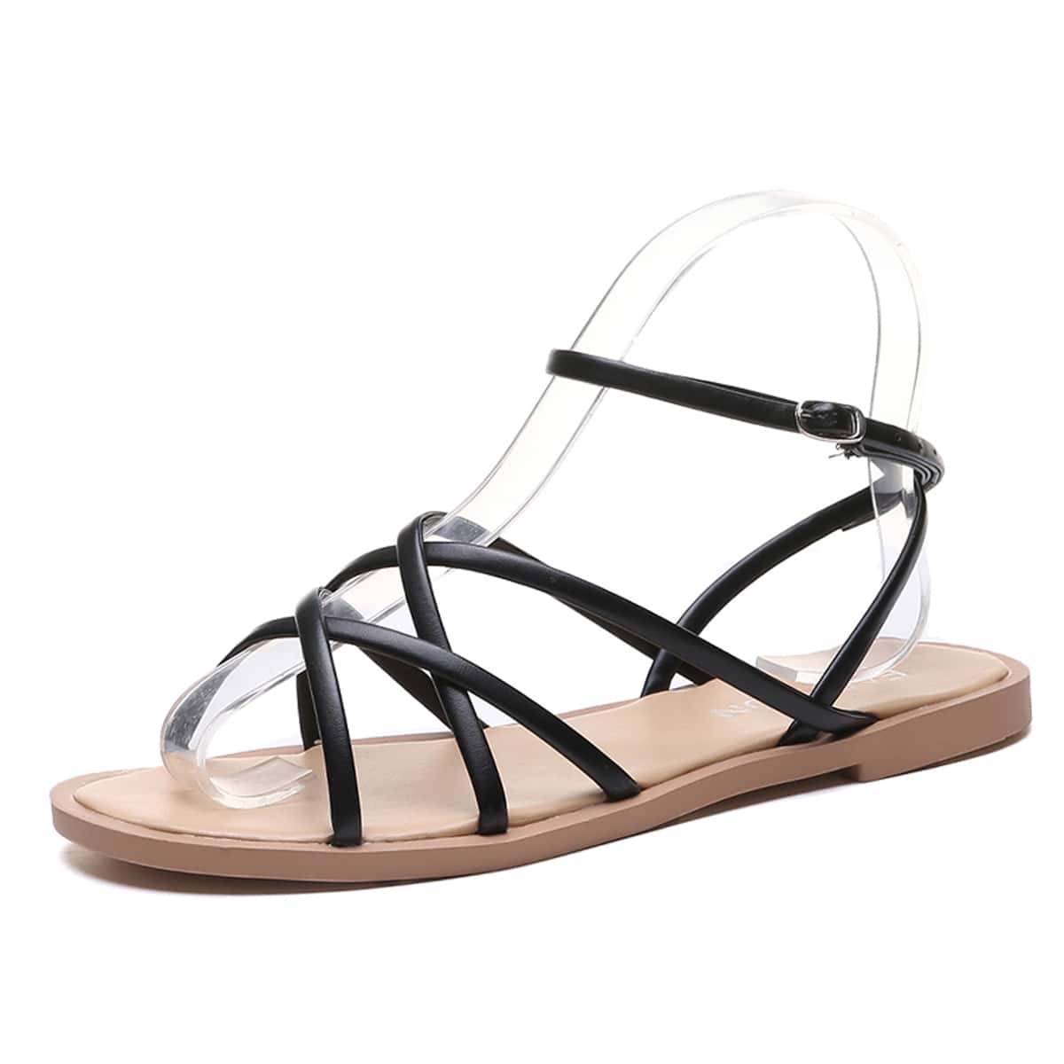 

Cross Strappy Flat Sandals, Black