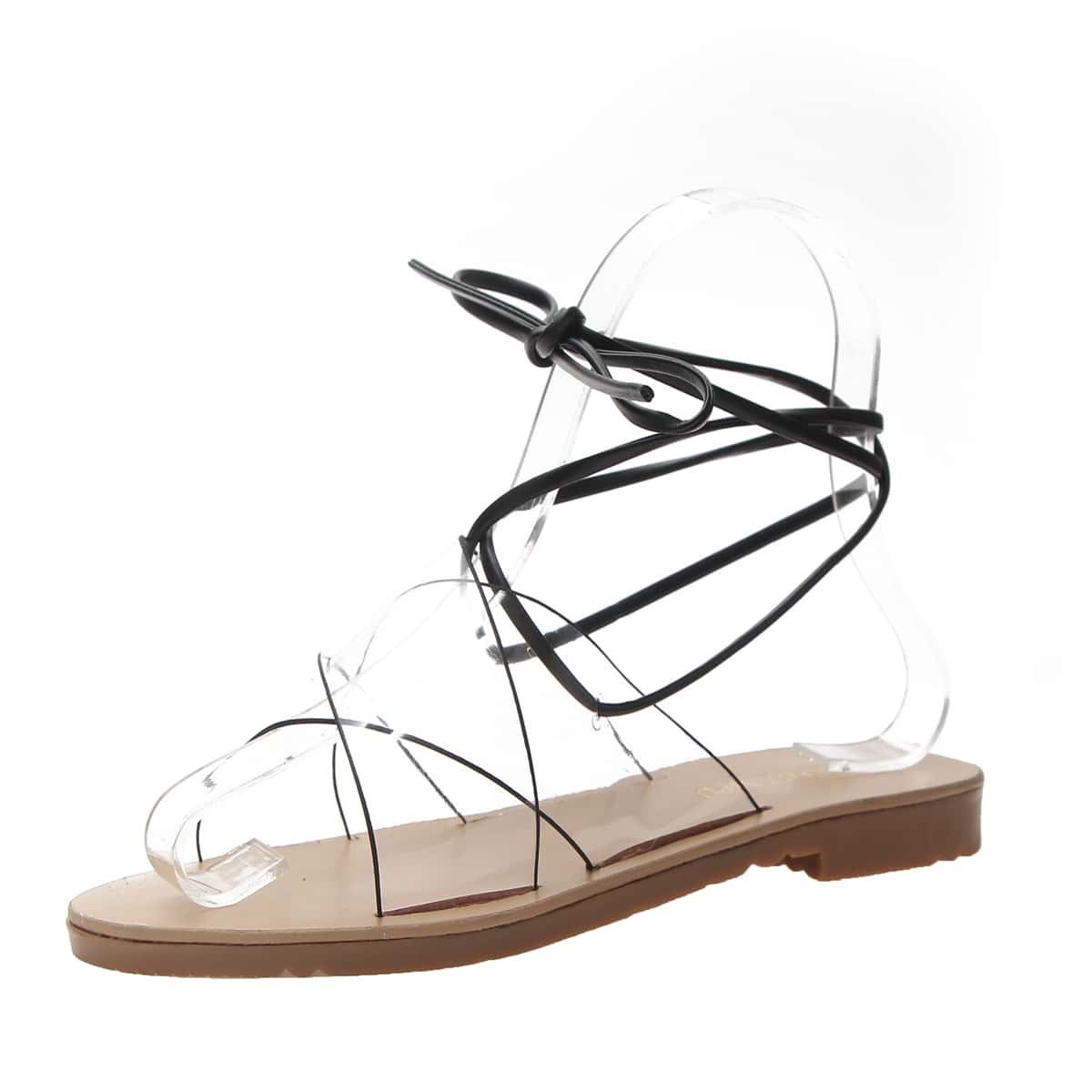 

Clear Strap Tie Leg Flat Sandals, Black