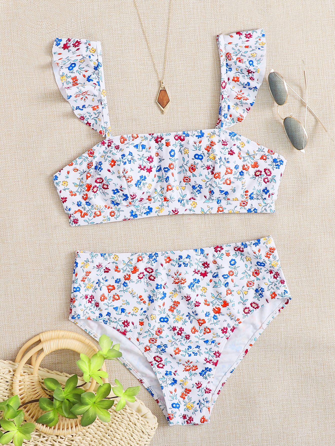 Ditsy Floral Ruffle High Waisted Bikini Swimsuit thumbnail