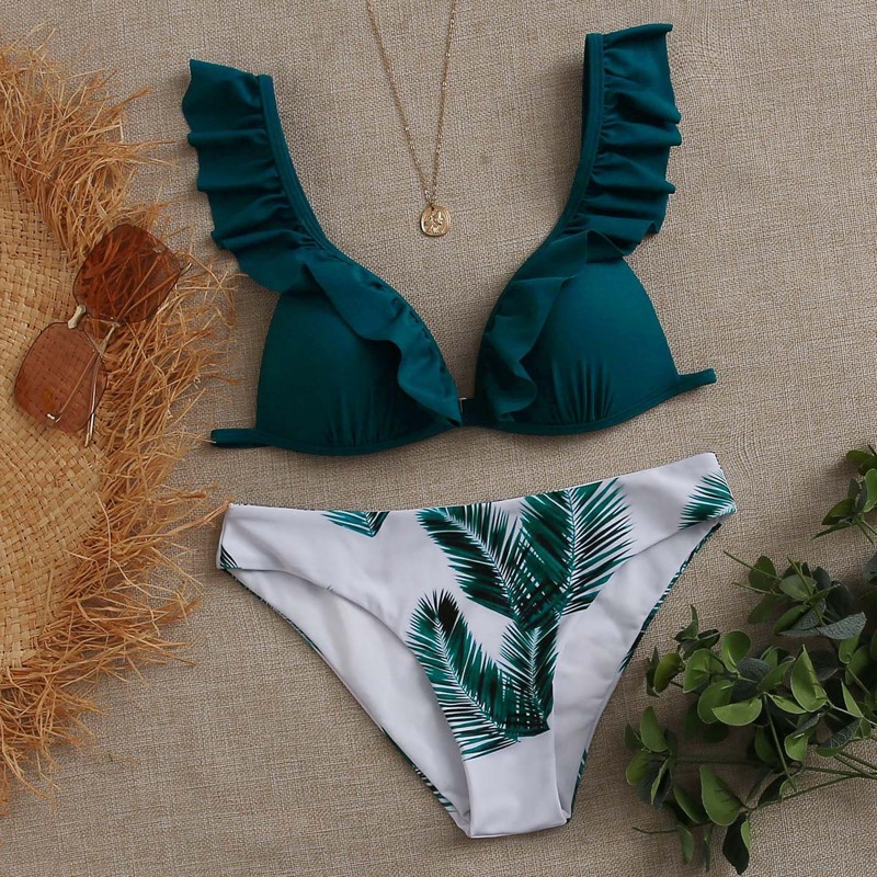 

Palm Print Ruffle Triangle Bikini Swimsuit, Teal blue